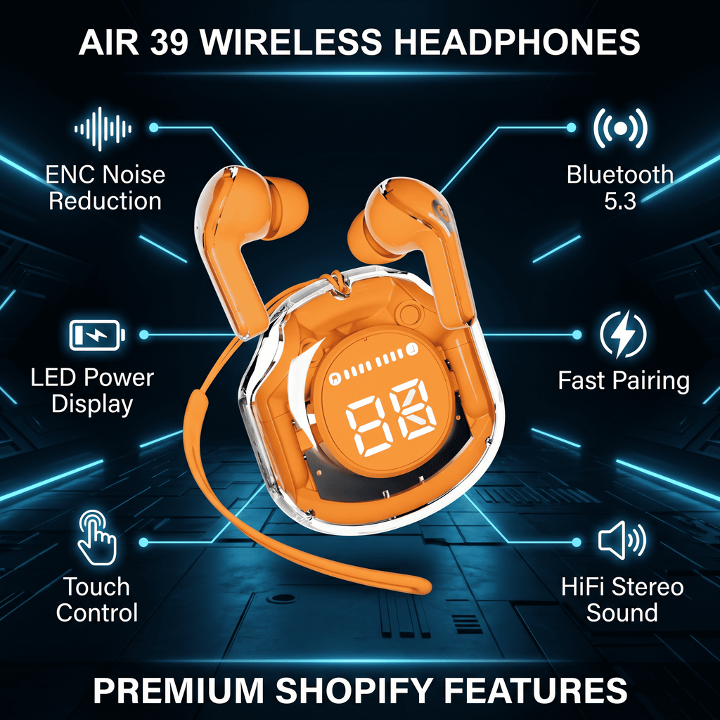 Air 39 Wireless Earbuds - Transparent Design Bluetooth 5.3 - ENC Noise Reduction & Deep Bass Sound - LED Display TWS